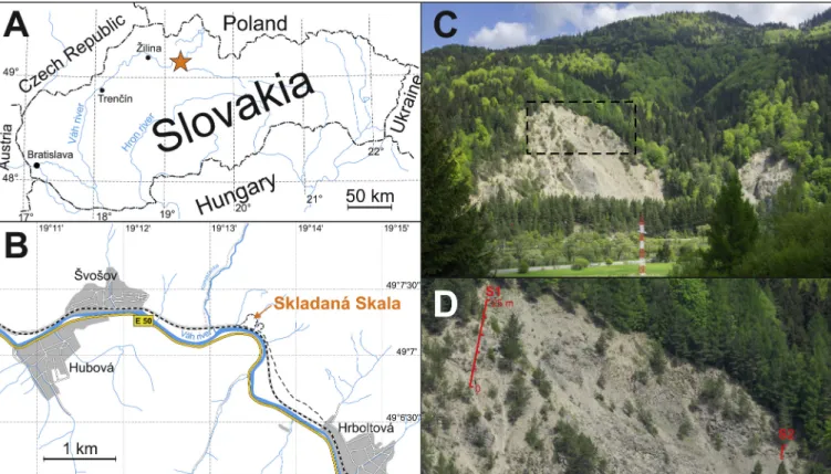 Fig. 2. A: Location of the Skladan ´ a Skala section in in Slovakia (orange star). B: Magnified map of the section ’ s locality and surroundings