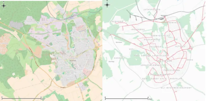 Fig. 1. Measurement area of the research project and its geographical location: (left)  aerial view of the city (OpenStreetMap), (right) public transportation lines in the city  (OpenStreetMap)