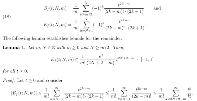 We remark that lim N→∞ E f (t; N, m) → {0} for all t ∈ R and m ≥ 0. Figure 3 gives an insight on how the obtained bound for the remainder behaves.