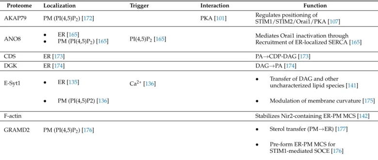 Table 1. Overview of ER–PM contact site-residing proteins. Abbreviations: AKAP79, A-kinase Anchor Protein 79; ANO8, Anoctamine-8; CDS, CDP-Diacylglycerol Synthase; DGK, Diacylglycerol Kinase; E-Syt1, Extended Synaptotagmin-1;