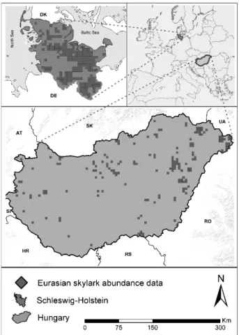 Figure 1. Study areas and spatial distribution of the grids,  which contain Eurasian skylark abundance  (number of  grids: Hungary 175, Schleswig-Holstein 207) 