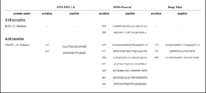 Table 1 In silico prediction of S-nitrosation of proteins involved in KAR perception and signaling  121 