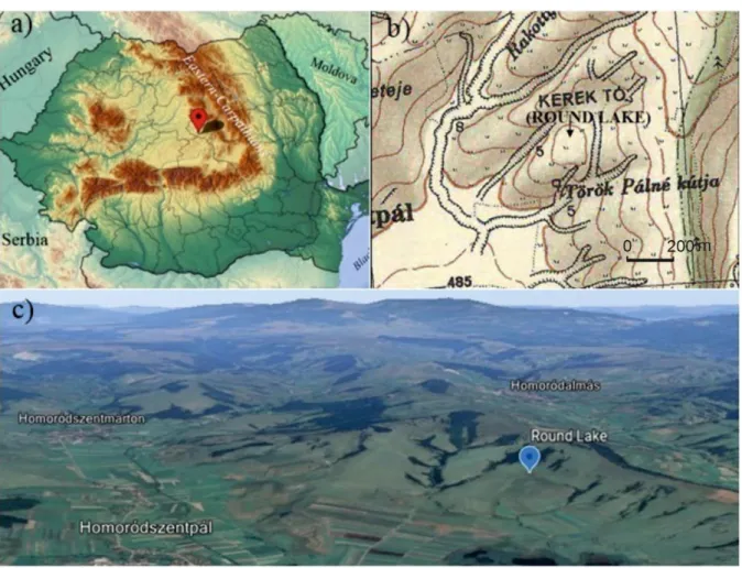 Figure 1. Map of Romania within the studied site Round Lake at Sănpaul (edited by Réka Orsolya Tapody adapted from: 