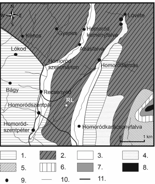 Figure 2. The 6 × 6 km 2  geology map of the environment of the Round Lake. Symbols 1: Miocene  marin marl, 2: Miocene marin marl with dacite tuff layers, 3: Holocene alluvia, 4: Dacite tuff and  conglomerate,  5:  Capronita  bearing  limestone  and  congl