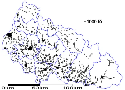 Ukrajna Statisztikai Állami Szolgálata 2019). Mint az 1. és 2. ábra is mu- mu-tatja, a népsűrűség megyén belüli eloszlása messze nem tekinthető  egyen-letesnek, amit a járási, illetve megyei jelentőségű városok szerinti eloszlás  kartogramja  segítségével 