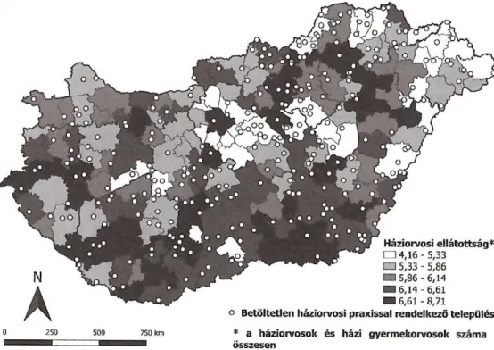 Figure 5. Settlements with vacant general practitioner districts, and the number  o f general practitioners/primary-care paediatricians per 10,000 people by LAU1