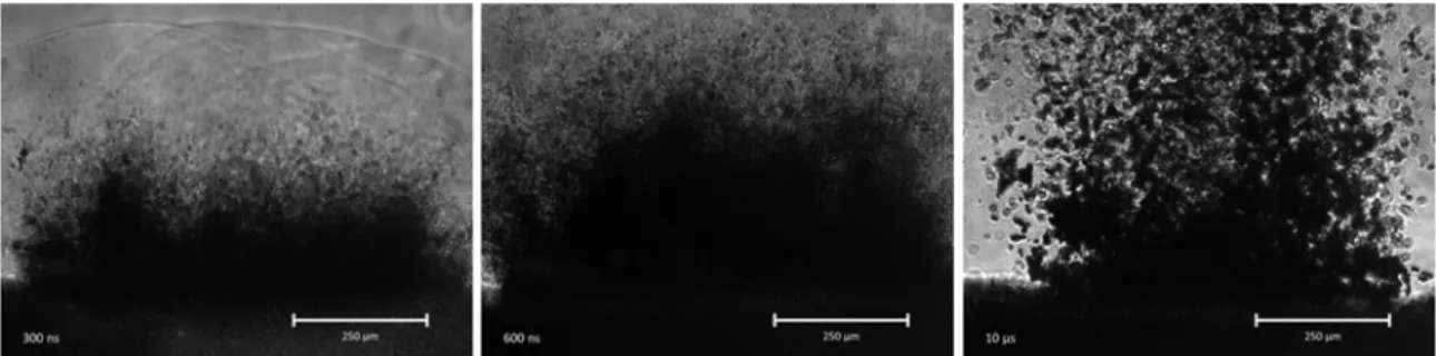 Figure 4. Material ejection when ablating meloxicam at 1064 nm and 9 J/cm 2  fluence. 