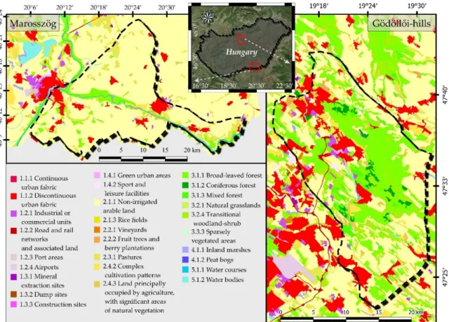 Figure 1. Land cover of the Marosszög and Gödöllői-hills study areas according to the CLC 2018  database
