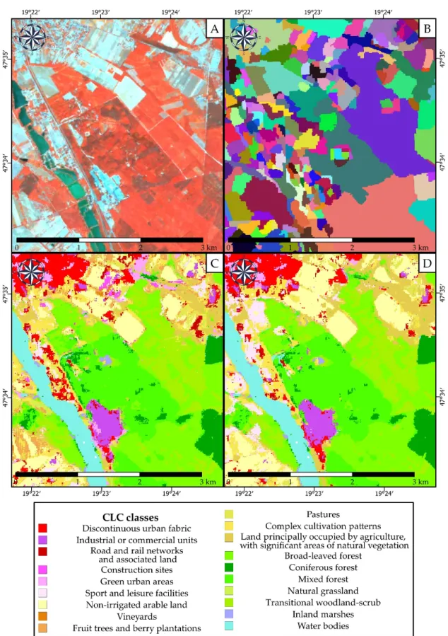 Figure 3. Effect of the segment layer on classification in the Gödöll˝oi-hills study area: (A) original false colour satellite imagery, (B) segmented layer (5-ha minimal patch size), (C) classified map based on the spectral band, and (D) classified map bas