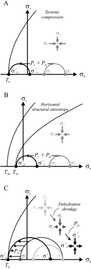 Fig.  18. The  influence  of  tectonic  compression  (A),  horizontal  structural  anisotropy (B) and dehydration shrinkage (C) on the stress field and thus on the  fracture orientation in the presence of elevated fluid (P f ) and/or crystallisation  press