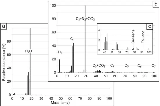 Figure  12.  Mass  spectra  of  the  fluid  remnants  characterising  (a)  non-hydrocarbon  and  (b,c)  hydrocarbon species
