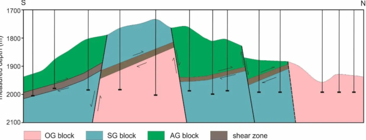 Figure  2.  N–S  geological  section  across  the  highest  point  of  the  Szeghalom  metamorphic  dome  (modified from  [19]) 