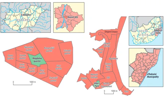 Fig. 1. Location map of Magdolna Quarter inside District VIII in Budapest (left), and Albert Park inside the  Inner city of Durban (right).