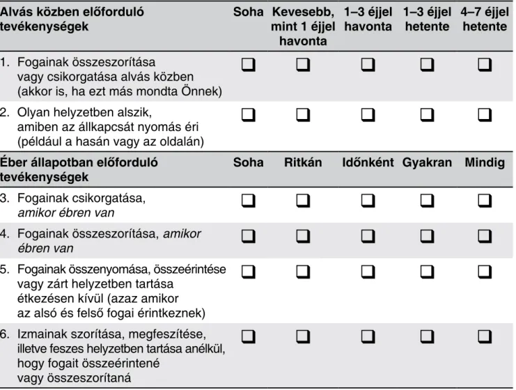 4. ábra:  Kérdőív a szájüregi funkciók felmérésére kivonata