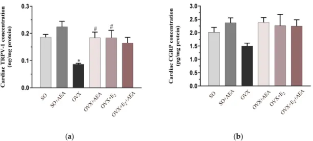 Figure 5. Effects of anandamide and estrogen treatment on cardiac TRPV1 and CGRP concentrations in SO and OVX animals