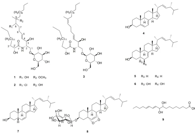 Figure 1. Compounds isolated from M. giganteus (stereodescriptors indicate only relative  stereochemistry)