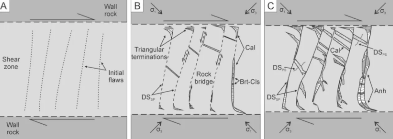 Fig. 14. Conceptual model of the evolution of the studied shear zones. (A) Presumably, initial flaws of unknown origin are located in the shear zone