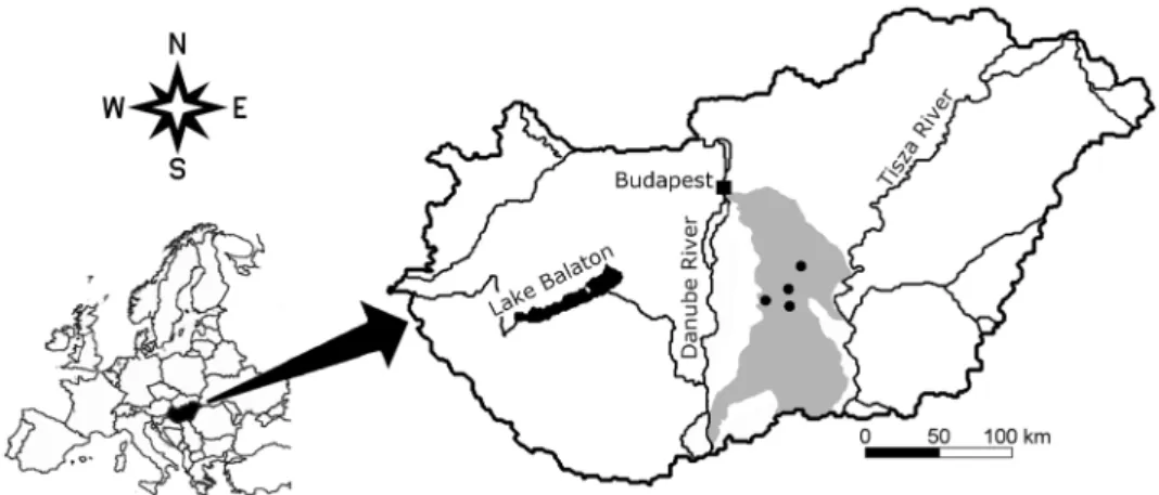 Figure 2. Geographical position of the studied localities (black dots) in the Kiskunság Sand Ridge (grey area), central Hungary.