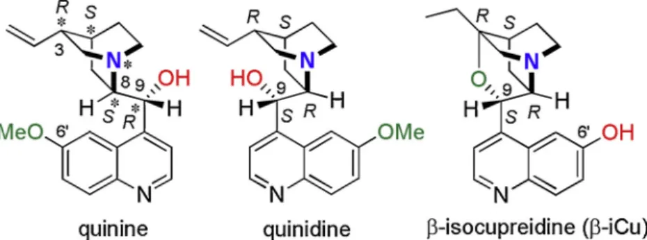 Fig. 1. Structures of the cinchona alkaloids quinine, quinidine and β-isocupreidine.