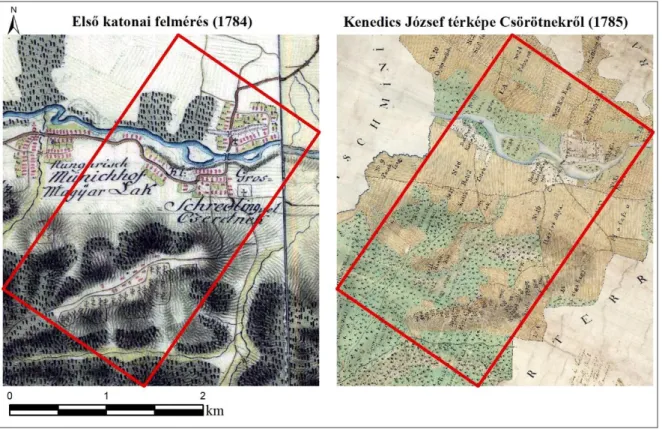 7. ábra: Az első katonai felmérés és a Kenedics-féle térkép Csörötnek térségéről a mintaterület hatá- hatá-raival (Balázs 2017) 