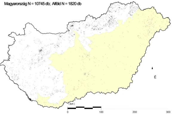 8. ábra: A „homogén” erdőállomány pixelek Magyarországon és az Alföld erdészeti nagytájon (sár- (sár-gával jelölve)