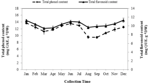 Figure 2. The seasonal variation of total phenol and flavonoid contents of Arabian lilac