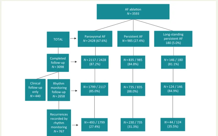 Figure 1 A flowchart of patient follow-up after ablation of paroxysmal, persistent, and long-standing persistent AF in the AFA-LT registry with N of patients