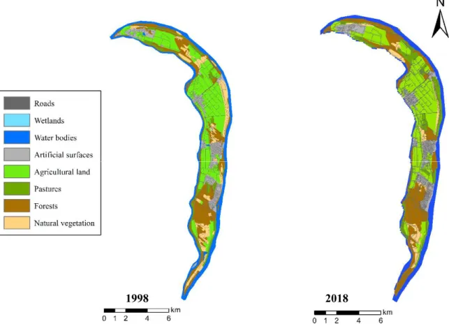 Figure 1. Spatial distribution of land-use and land-cover classes across Szentendre Island in the Danube River,  Hungary in 1998 (left) and 2018 (right) 