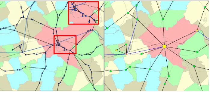 3. ábra: Fizikai állomások és az összevonásukkal képzett logikai állomások Sárvár térségében   Harmincöt  esetben  megkülönböztettünk  egy  adott  település  közigazgatási  határán  belül  további  logikai  állomás(oka)t  is,  amennyiben  ezt  az  adott  t