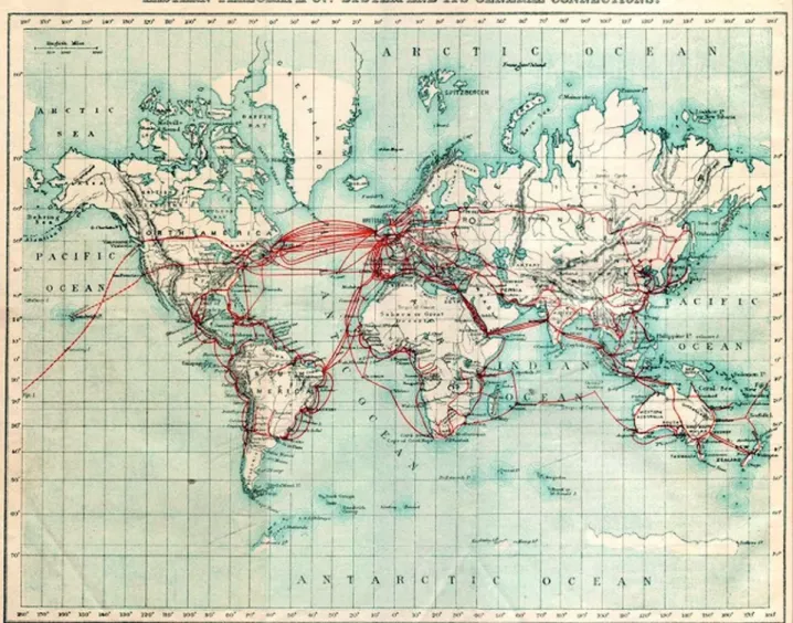 9. ábra. Az óceánok és tengerek alatt húzódó kommunikációs összeköttetést biztosító kábelek 1901-ben 34 