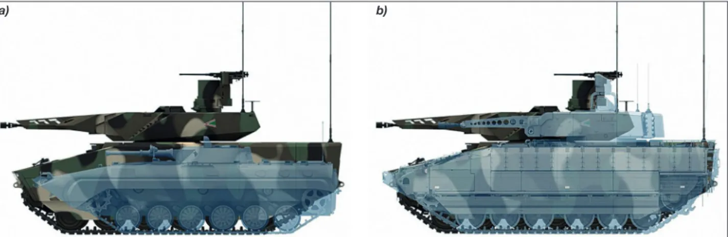 5. ábra. A Lynx KF41 és a BMP–1 (a), valamint a Lynx KF41 és a Puma (b) gyalogsági harcjárművek méreteinek összehasonlítása