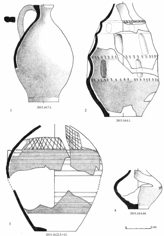 Fig. 6. Glazed (1–2), smoothed-in (3) and brick-coloured (4) jugs