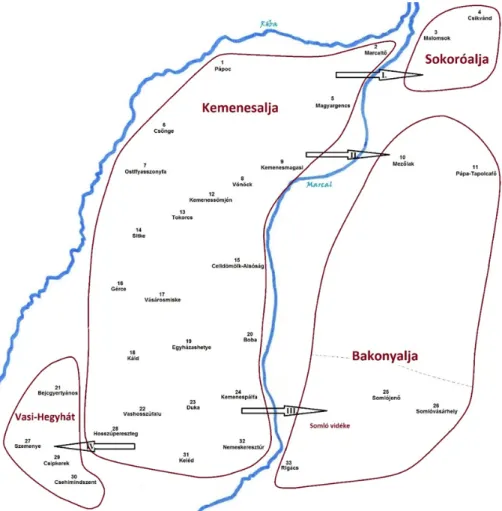3. ábra: A Kemenesalja és vidéke kutatópontjainak tagolódása a néprajzi régiók  szerint 