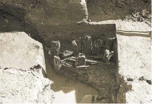 3. kép: A várkastély D-i homlokfalának alapozása előtti kettős fonott cölöpsor  kibontott részlete