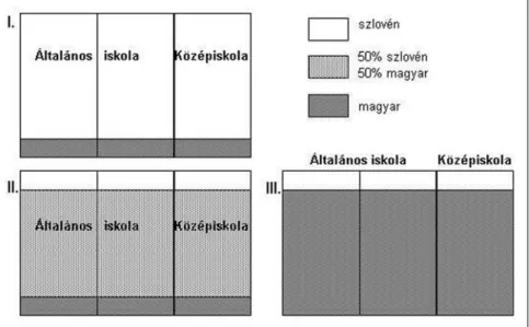4. ábra: A tanítási nyelvek aránya a differenciált kétnyelvű modellben   6. Az iskolamodell megreformálásának mindenképpen szoros velejárója  a  magyar  nyelv  gyakorlati  egyenjogúságának  megvalósulása  az  élet  minden területén