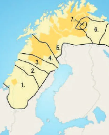2. kép. A számi nyelvek Norvégia, Svédország, Finnország és részben Oroszország  térképén
