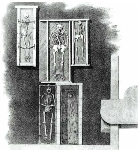 Figure 13. The five graves opened by János Érdy as drawn by János  Varsányi. The separate picture is an enlarged drawing of skeleton  II/52_3’s grave: it is clearly discernible that the grave is made of stone  and thus should have been classified as a Cate