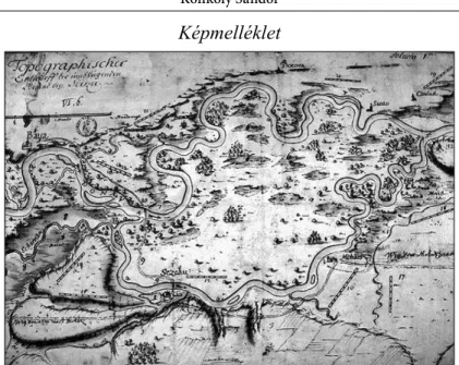 1. ábra. A Mohácsi-sziget 1685 körüli ábrázolása. Az északi részén áthaladó út Szekcsőről Bajára  tart