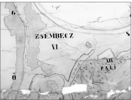 12. ábra. Zsembéc vára a Zsembecz dűlőben. 1866-os szigeti birtoktérkép, amely a szigetrög helyén pozitív domborzati formát, rajta „Vár” feliratot jelöl