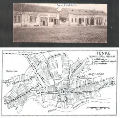 1. kép:   Fodor Ferenc szülőháza a Bihar vármegyei Tenkén és szülőfalu- szülőfalu-ját ábrázoló saszülőfalu-ját készítésű térképe 