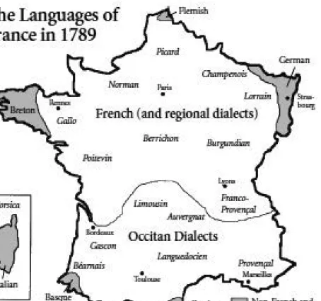 1. kép: Franciaország nyelvei 1789-ben. Forrás: Bell: 2001, 16.