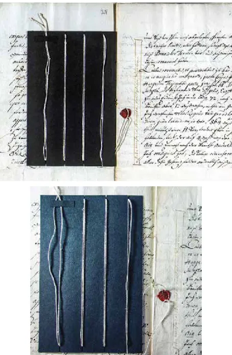 12. kép. Az 1702-ben készült jelentés részlete és a fekete kartonra duplán felcsévélt zsinór