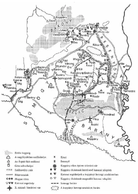 1. térkép Somogy megye és környéke Koppány lázadása előtt és után (Györffy György térképe – Györffy 1983: 118.)