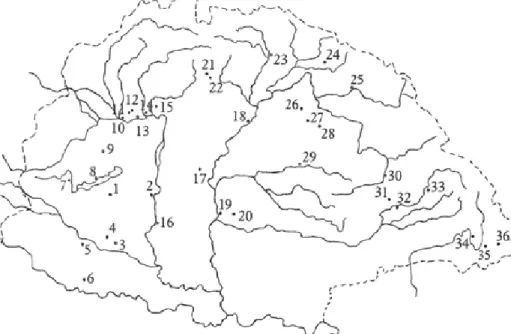 2. térkép Koppány helynevek a középkori Magyarország területén (Sándorfi György gyűjtése nyomán)