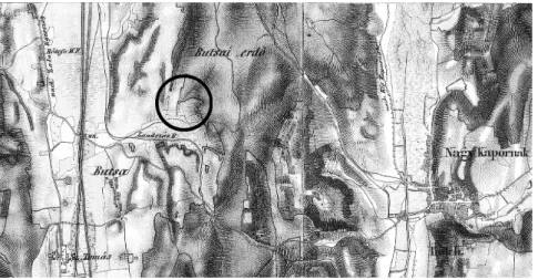 2. kép. Alsónemesapáti-Kastélyhely, a lelőhely elhelyezkedése a II. katonai  felmérés térképlapján
