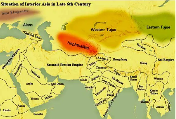 5. kép. A Fekete-tenger és Belső-Ázsia közötti térség geopolitikai helyzete a 6. század végén (Q iang – K ordoSiS  2018, Fig