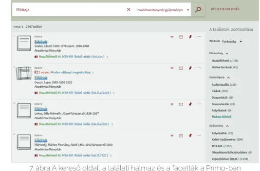 7. ábra A kereső oldal, a találati halmaz és a facetták a Primo-ban