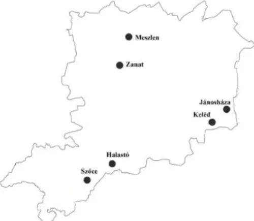 9. ábra: A szemléltető mátrixban szereplő települések helye Vas megyében  E  módszerhez  hasonlóan  végeztem  el  a  többi  település  analízisét  is