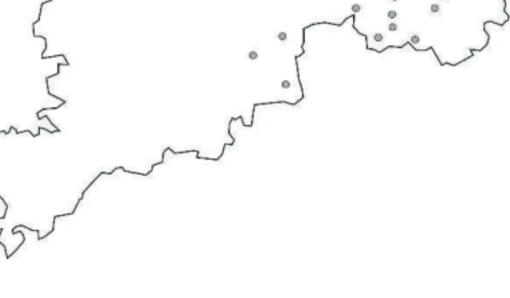 8. ábra: A „valamire dűlő” típusú helynevek földrajzi elterjedése   Vas és Veszprém megyében, a Pápai járásban 
