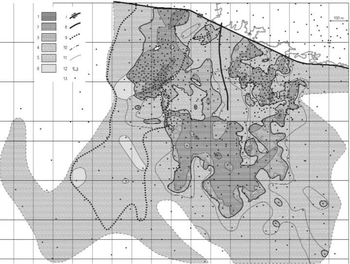 Figure 13. Areal distribution of the rock types in the southern part of the Halimba deposit